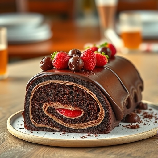A decadent triple chocolate roll cake with chocolate ganache and berries on a rustic table.
